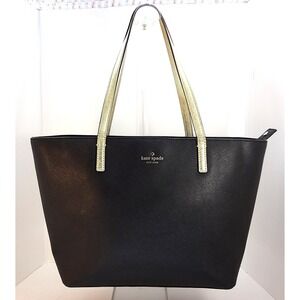 Kate Spade Gallery Drive Sm Harmony Tote Bag Black Saffiano Gold Metallic Straps